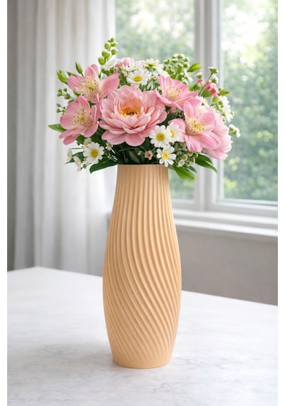 3d Tasarım Pla+ Plastik Modern Vazo Minimal Dekoratif Çiçek Vazosu 18cm Uzunluk Bej