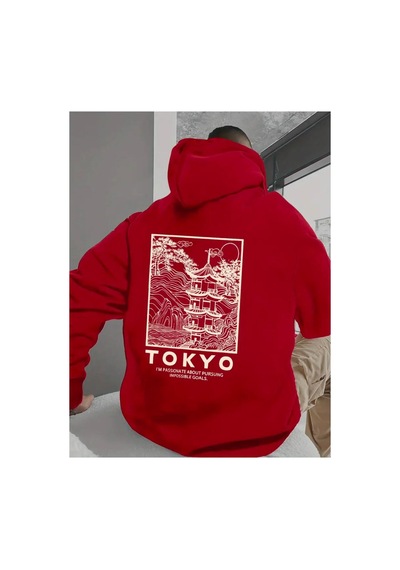 Medinenur Tokyo Sırt Baskılı Kapüşonlu Sweatshirt Kırmızı