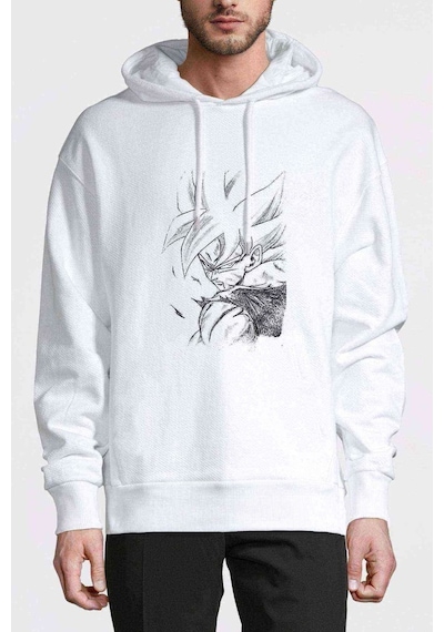Anime Dragon Ball Baskılı Beyaz Erkek Örme Kapşonlu Sweatshirt (531046282)