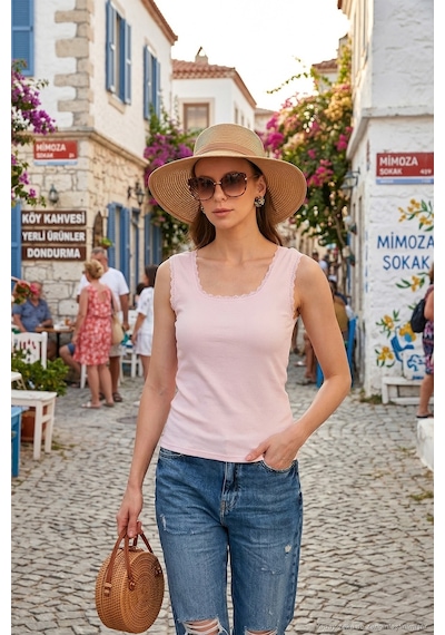 Lela Slim Fit Kalın Askılı Dantelli Kare Yaka Bürümcük Bayan Atlet 5864979 Toz Pembe