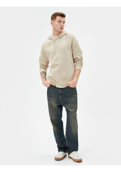 Koton Basic Kapşonlu Sweatshirt Uzun Kollu Ribanalı Bej 4sam70001mk Ekru