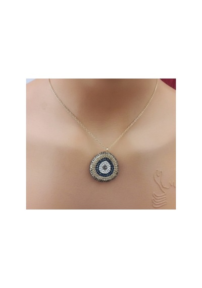 Oval Zirkon Taşlı Nazarlık Kolye Kahverengi -  Beyaz