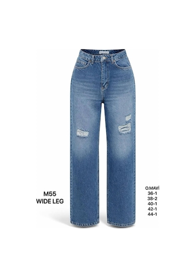 Miss Poem Kadın Orta Mavi Yırtık Detaylı Wide Leg Jean Pantolon