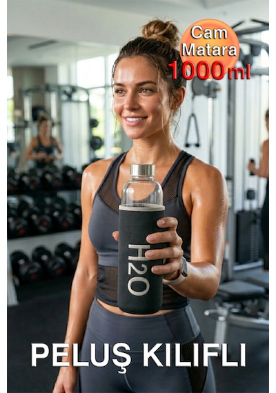 Siyah Peluş Kılıflı Cam Matara 1000 ml - Spor, Okul, Ofis ve Günlük Kullanım İçin Büyük Boy Şık Su Şişesi