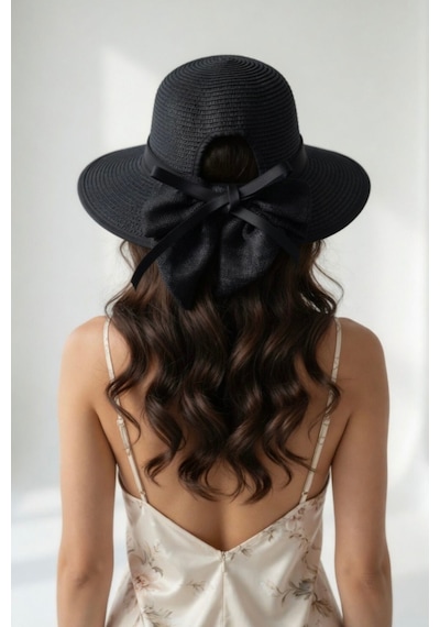 Mollycrush Kadın Siyah Kurdele Detaylı Hasır Güneş Şapkası L Günlük Ve Plaj Kullanımına Uygun Cloche Model Siyah