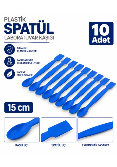 Spatül 20 Cm Mavi - Plastik Spatula Laboratuvar Kaşığı - 10 Adet