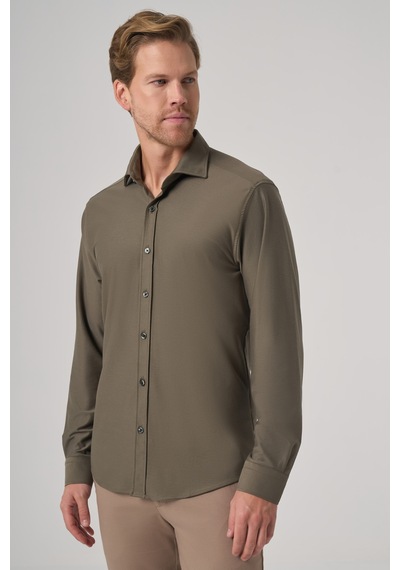 Morven Erkek Haki Trend Düz Slim Fit Tam İtalyan Yaka Relaxible Gömlek 26ms004029710 Haki