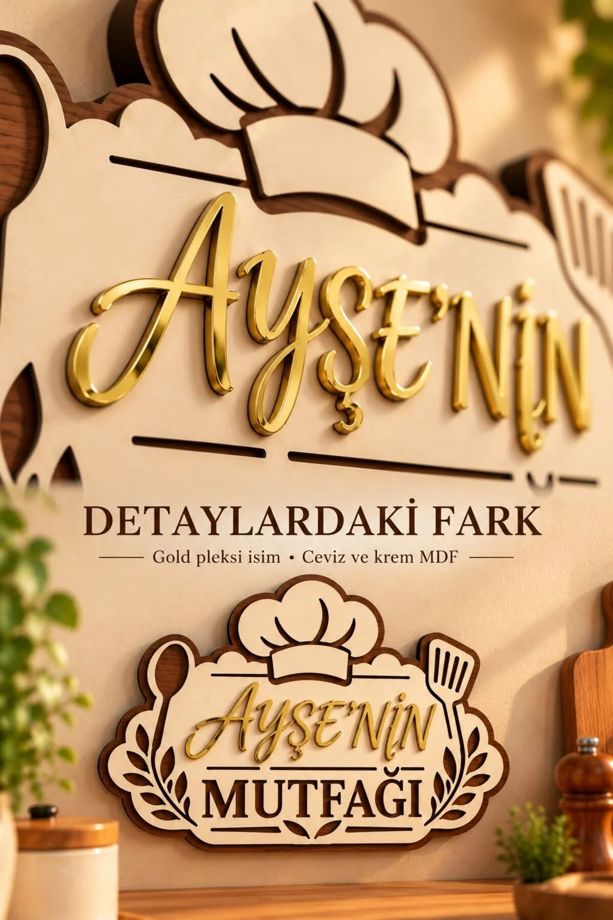 Kişiye Özel İsimli Mutfak Tabelası Gold Pleksi Ceviz Krem Mdf Duvar Süsü