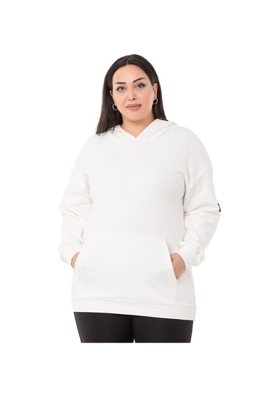 Büyük Beden Sırtında Yazı Detaylı Kapüşonlu Kanguru Cepli Üç İplik Beyaz Sweatshirt-beyaz Beyaz