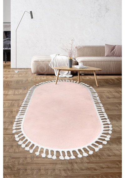 Dijidekor Peluş Halı Pembe Cool Saçaklı Oval Post Kesme Yollu...