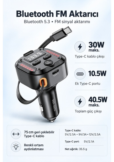 Ven-dens Vd-fm011 Bluetooth 5.3 Araç Fm Transmitter Cihazı, 40,5 W Toplam Çıkış, 75 Cm Geri, Siyah