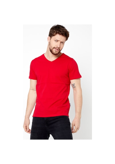 Erkek Indigo %100 Pamuk Basıc Regular Fit Pamuklu Kısa Kollu V Yaka T-shirt Kırmızı