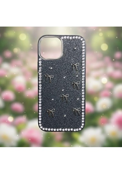 Apple Uyumlu iPhone 15 Fiyonk Figürlü Simli İnci Taşlı Lüx Silikon Kılıf Siyah