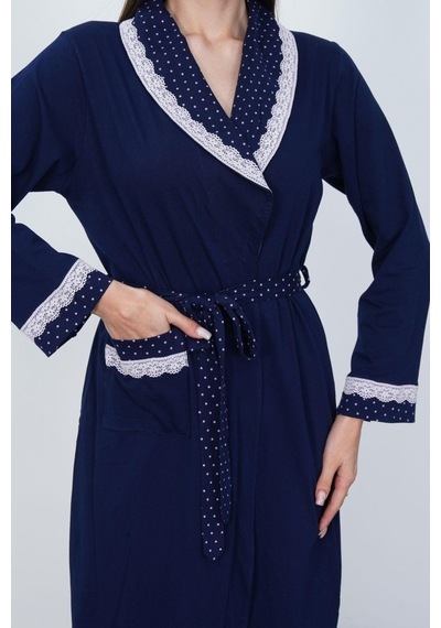 Mecit Pijama Mecit 6390 Lacivert Kadın Pamuklu Büyük Beden Uzun Sabahlık