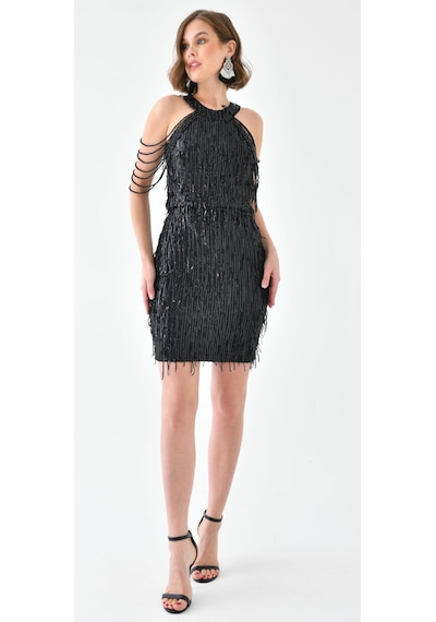 Hanife Glam Couture Hanife Glam Halter Yaka Taş Tasarımlı Saçaklı Pul Payet Mini Elbise Siyah