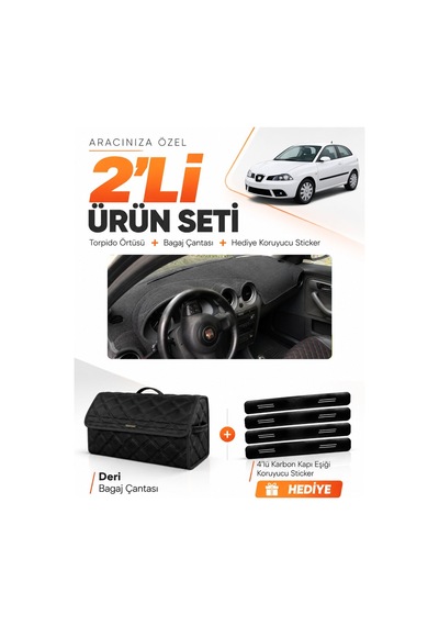 Seat Ibıza 2001-2008 Uyumlu Torpido Örtüsü + Deri Bagaj Çantası + Sticker Seti - Siyah