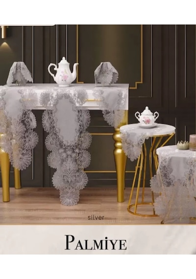 Palmiye Model Gri 5 Parça Keten Masa Örtüsü Runner Seti Salon Takımı