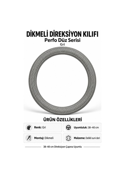 Trobus Mitsubishi L200 2015-2023 Uyumlu Dikmeli Direksiyon Kılıfı Perfo Düz Delikli Deri Gri