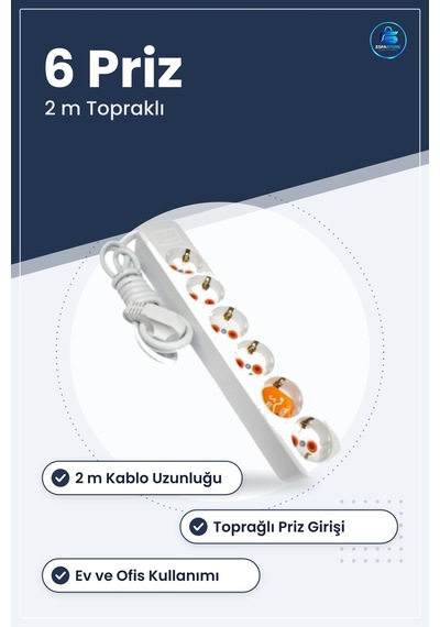 6 Prizli Topraklı Grup Uzatma Kablosu 2 M Çoklu Cihaz Bağlantılı