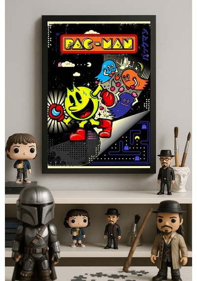 Pac-man Siyah Ahşap Çerçeveli Poster, Dekoratif Oyun Duvar Tablosu