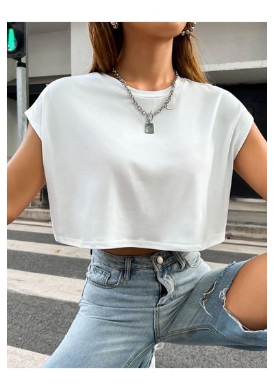 Bisiklet Yaka Düşük Kol Crop T-şhrt Beyaz