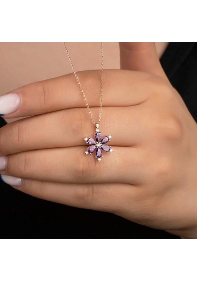 Altın Renk Mor Damla Taşlı Lotus Kamelya Çiçeği Çelik Kolye - 3418 Çok Renkli