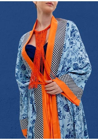 Mayovera Kimono - Mavi Çiçekler Tasarım Çok Renkli