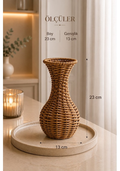 Qerhome Rattan Hasır Dekoratif Vazo - Dekoratif Obje Mln-11432 Ahsap