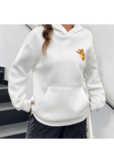 Jerry Baskılı Oversize Unisex Kapüşonlu Sweatshirt Beyaz