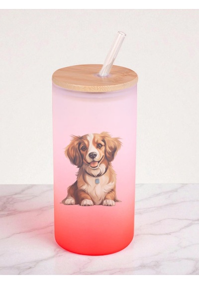Sevimli Köpek Baskılı 600 Ml Cam Matara- Su Matarası, Suluk Matara, Cam Pipetli Matara Kırmızı
