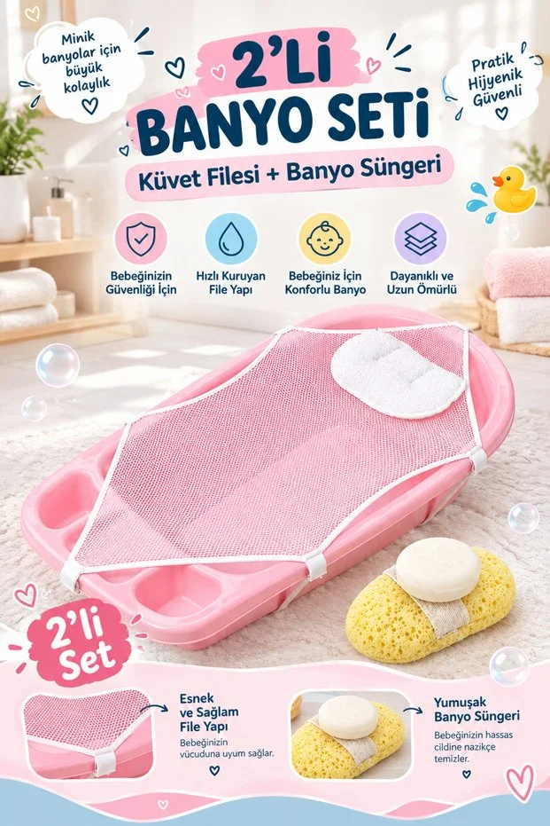 2 Li Bebek Küvet Filesi Ve Banyo Sünger Seti