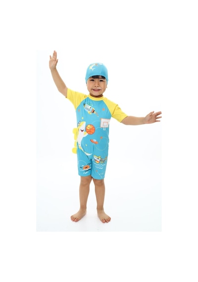 My Kids Wear Boneli Fermuarlı Erkek Çocuk Mayo Mavi Desenli