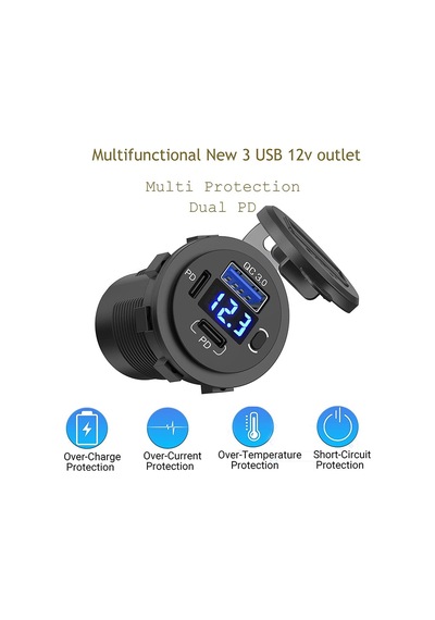 Mellifera Bir Usb Type-a Ve Bir Usb Type-c Şarj Cihazı Voltmetreli - On-off Anahtarlı - Mavi Işıklı