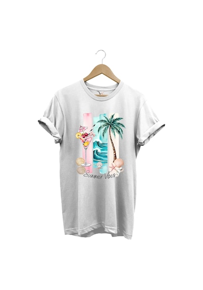 Summer Vibes Yaz Temalı Kokteyl, Palmiye Ve Deniz Desenli %100 Pamuk Regular Fit T-shirt Beyaz