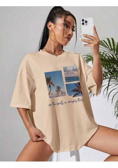 Noıssey Bej Baskılı Oversize Unisex