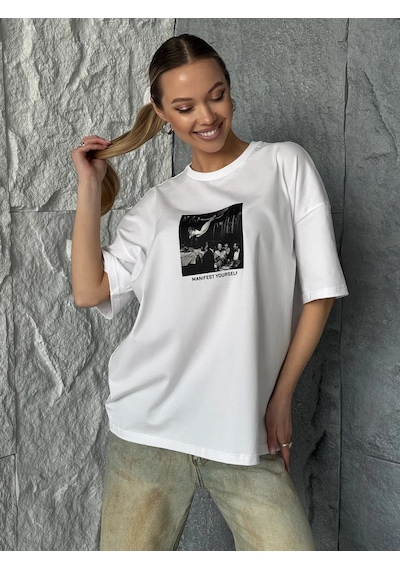 Manıfest Yourself Baskılı Oversize Tişört Beyaz