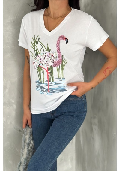 Femelle Kadın Beyaz V Yaka Flamingo Pul Payet Ve Nakış İşlemeli %100 Pamuk Tişört