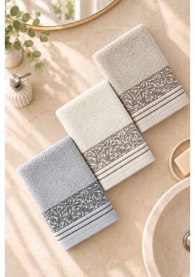 Botanical Garden Yaprak Desenli El Yüz Havlusu 50x90 Cm 3 Lü Set %100 Pamuk - Stone Pearl Çok Renkli
