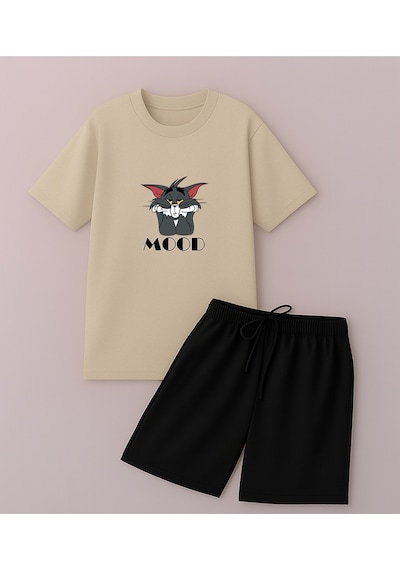 Uyguntarz Unisex Baskılı Tasarım Şort Takım Spor Eşofman Takımı Bej
