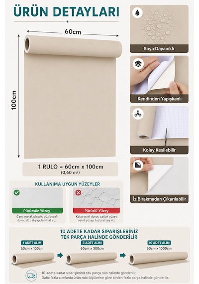 Deconitte Premium Kendinden Yapışkanlı Mat Bej Renk Pvc Mobilya Dolap Tezgah Duvar Kaplama Dekoratif 60x100cm