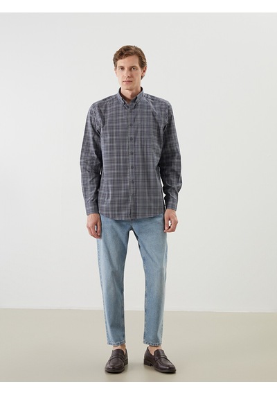 Lcwaıkıkı Classic Gri Regular Fit Uzun Kollu Ekose Poplin Erkek Gömlek