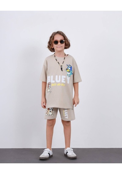 Miniko Kids Erkek Çocuk Bluey Modelli Pamuk Şortlu Takım Ekru
