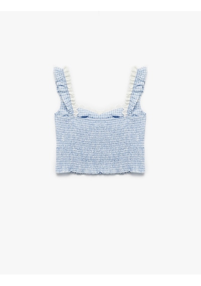 Koton Dantelli Balerin Yaka Gipeli Pötikareli Kolsuz Crop Bluz Mavi Ekose 5sal60164ıw Mavi Ekoseli