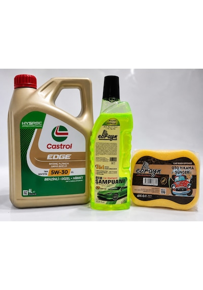 Castrol Edge 5W-30 Motor Yağı 4 L + Oto Şampuan 1000 ML + Yıkama Süngeri