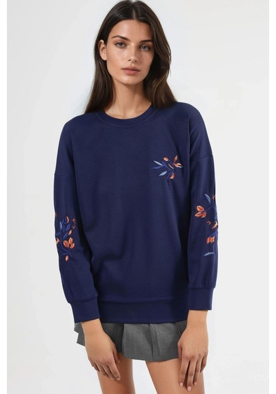 Hiccup Modal Dokulu İşlemeli Bisiklet Yaka Sweatshirt Berşan Collection Lacivert