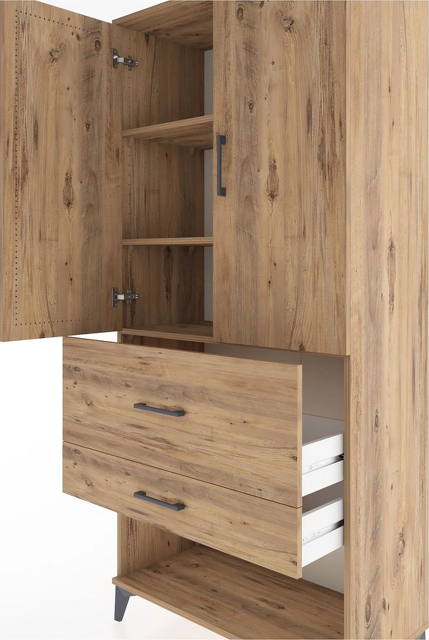 Hyperion Dolap 3 Raflı 2 Çekmeceli 2 Kapaklı 88x44x195 Çam-çam Çam