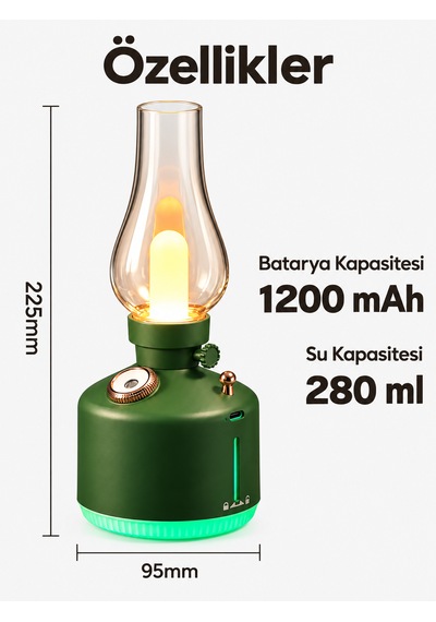 Alfagift Şarjlı Nostaljik Gaz Lambası Hava Nemlendirici Ve Buhar Makinesi- Dekoratif Masa Ve Gece Lambası Yeşil
