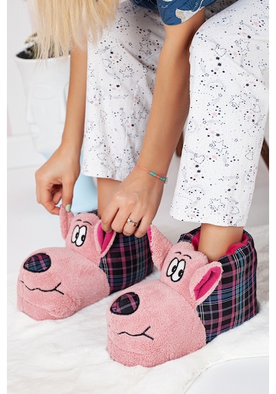 Khayt Tatlı Panda Rahat Peluş Yıkanabilir Unisex Panduf Ev Botu Pembe - Pembe Ekose Pembe