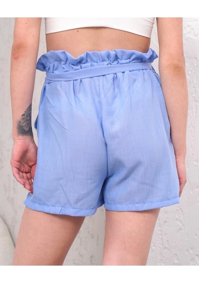 Kazax Kuşaklı Keten Şort Mavi S255265 Mavi