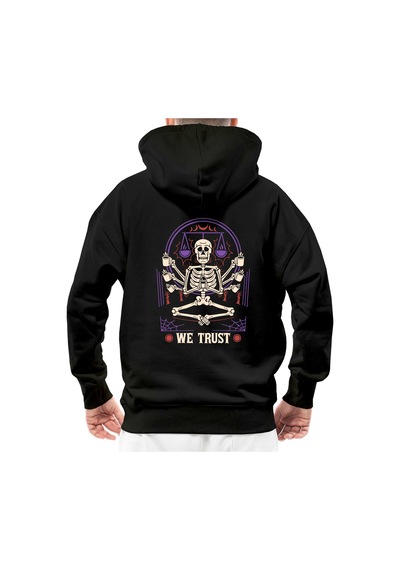 İn Coffe We Trust İskelet Siyah Streetwear Kapşonlu Hoodie